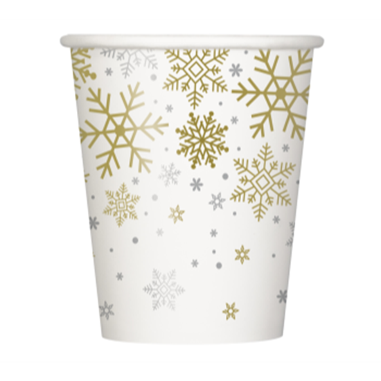 Picture of TABLEWARE - SILVER & GOLD HOLIDAY SNOWFLAKES - 9oz PAPER CUPS