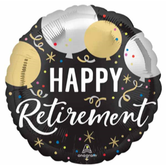Image sur 18'' FOIL - HAPPY RETIREMENT BALLOON - BLK/GOLD/SILVER