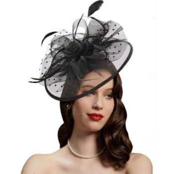 Picture of 20's - Elegant Black Polka Dot Fascinator with Mesh and Feathers