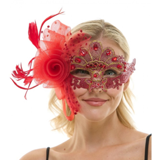 Image sur MASKS - VENETIAN LACE MASK WITH FEATHERS RED